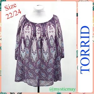 Women TORRID Purple Paisley Print Sheer Peasant Blouse Plus Size 3X or 22 / 24